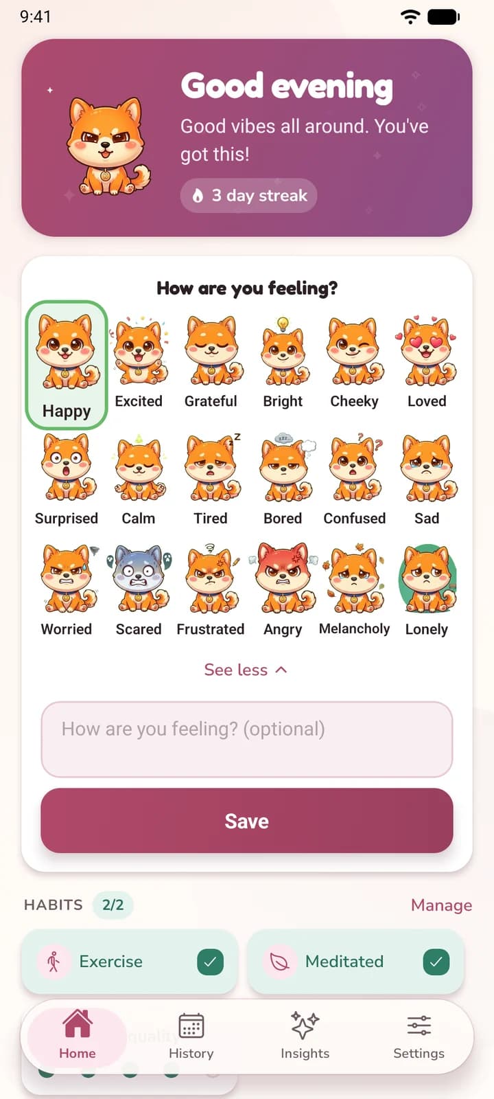 Kibun mood picker showing all eighteen moods.