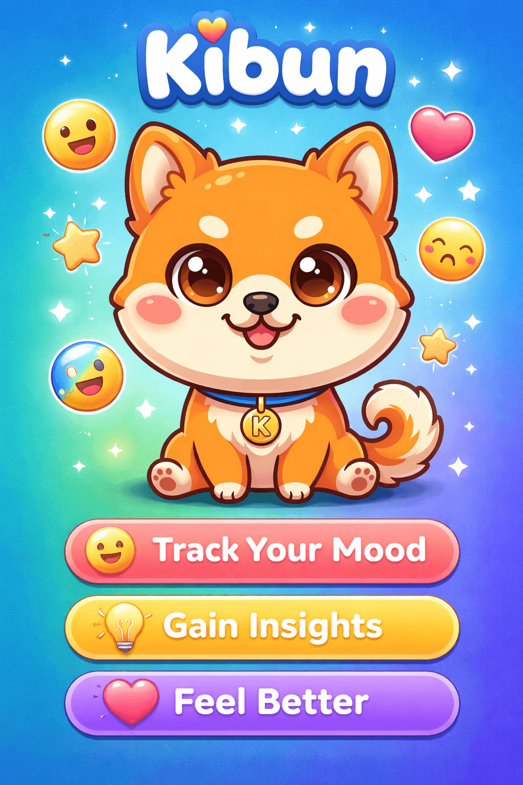 Kibun app preview showing the Shiba Inu mascot and mood bubbles